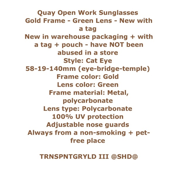 Quay Australia Open Work Sunglasses Gold Frame Green Lens 100% UV Protection NWT - Picture 2 of 13